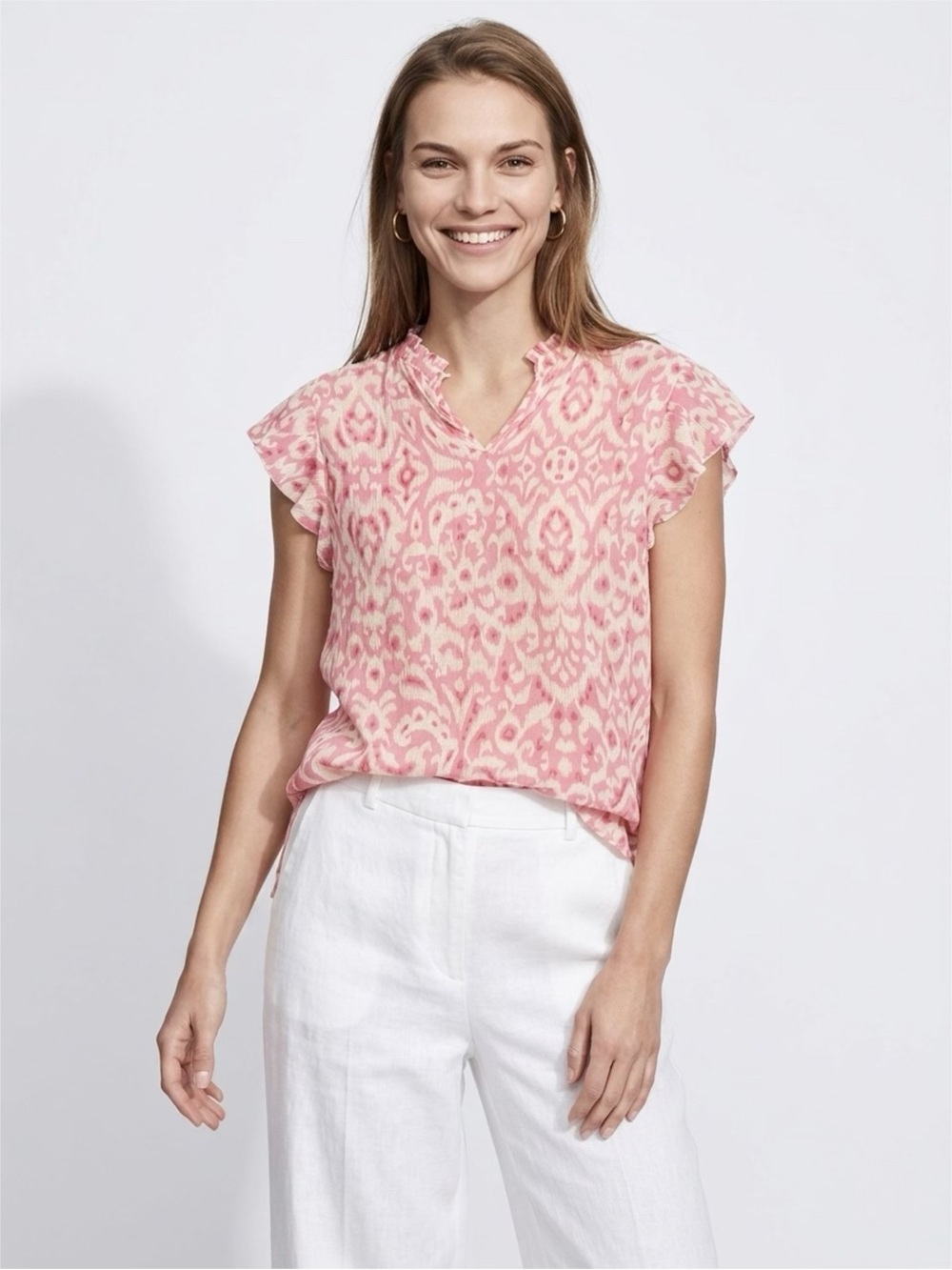 Nanette Nanette Lepore Womens Pink/White Abstract Ruffle Lace Blouse M